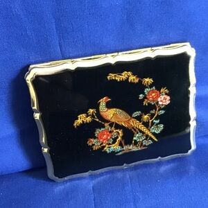 Vintage Stratton Cigarette Case Peacock Floral Design Enamel Black Gold